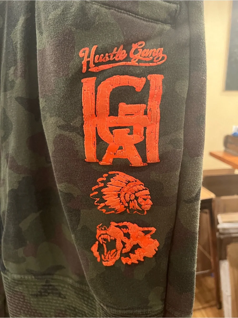 Hustle Gang Camo Green Joggers with Orange Logo